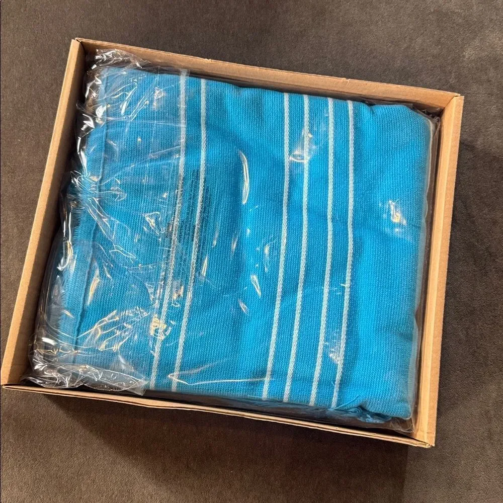 Adult Unisex Blue Striped Poncho Towel & Headband 100% Cotton Turkish Robe NEW